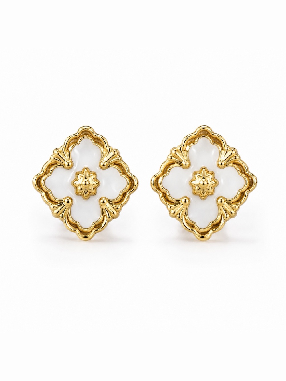 Gold and White Floral Motif Stud Earrings in Stainless steel
